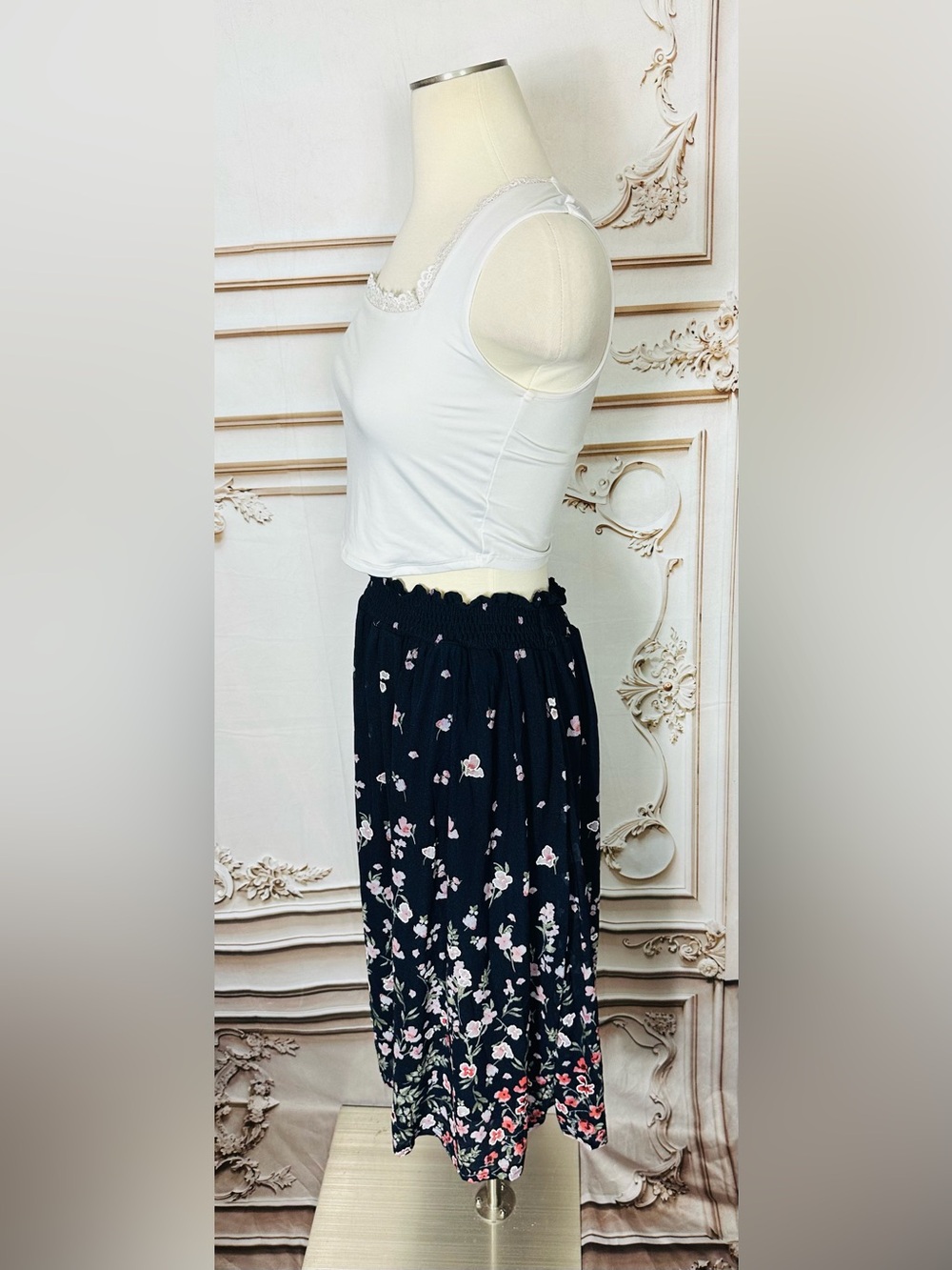 Navy Floral Smocked Waist Midi Skirt - Picture 7 of 11